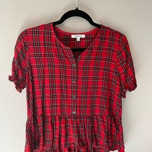Madewell Red Plaid Button-Front Peplum Blouse